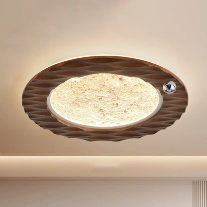 Traditional Vintage Round Oak Iron Acrylic LED Flush Mount Ceiling Light For Bedroom