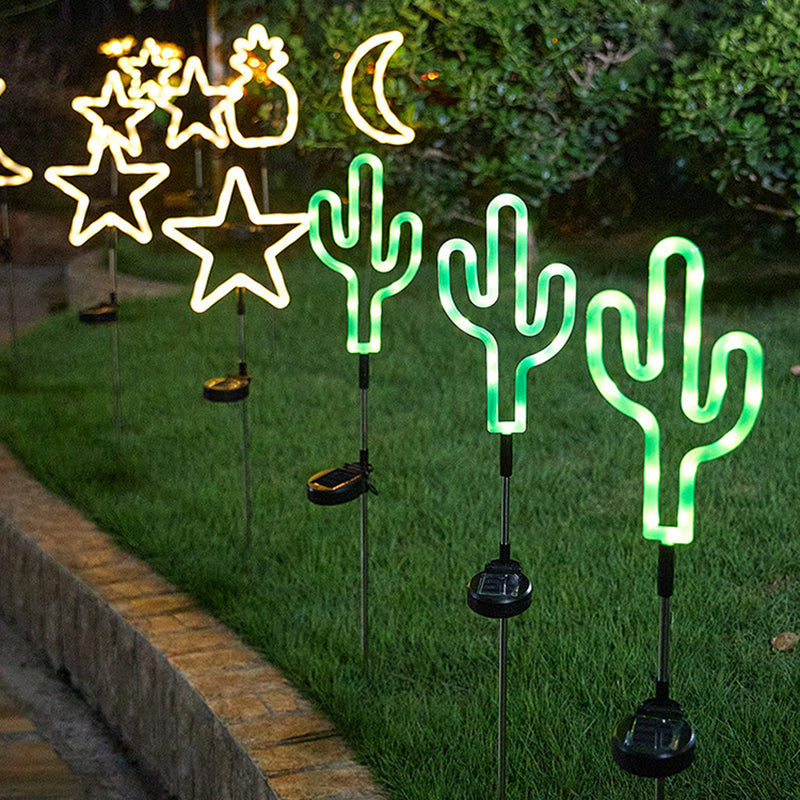 Modern Art Deco Solar Waterproof Cactus Pineapple Pentagram PVC Stainless Steel ABS LED Outdoor Lights Landscape Lighting For Garden