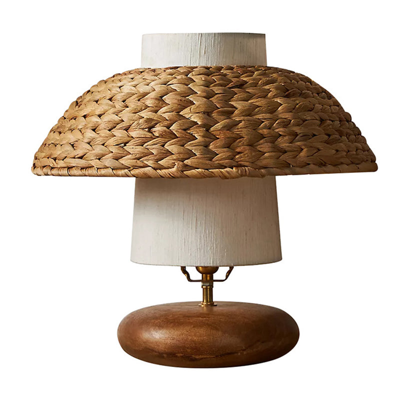 Traditional Vintage Round Solid Wood Fabric Rattan Weaving 1-Light Table Lamp For Bedroom