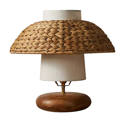 Traditional Vintage Round Solid Wood Fabric Rattan Weaving 1-Light Table Lamp For Bedroom