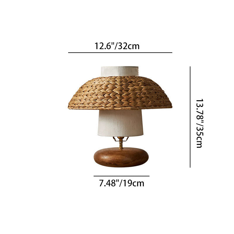 Traditional Vintage Round Solid Wood Fabric Rattan Weaving 1-Light Table Lamp For Bedroom