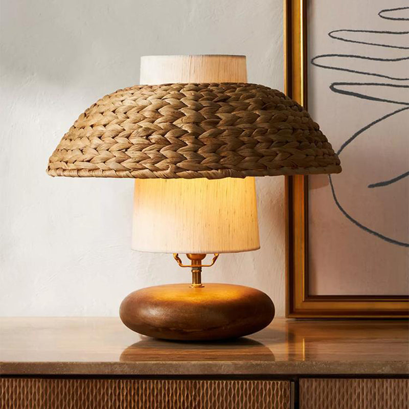 Traditional Vintage Round Solid Wood Fabric Rattan Weaving 1-Light Table Lamp For Bedroom
