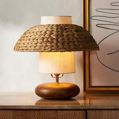 Traditional Vintage Round Solid Wood Fabric Rattan Weaving 1-Light Table Lamp For Bedroom