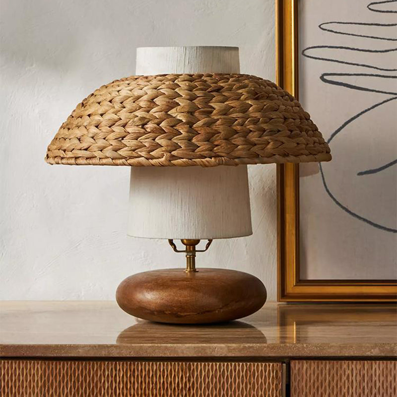 Traditional Vintage Round Solid Wood Fabric Rattan Weaving 1-Light Table Lamp For Bedroom