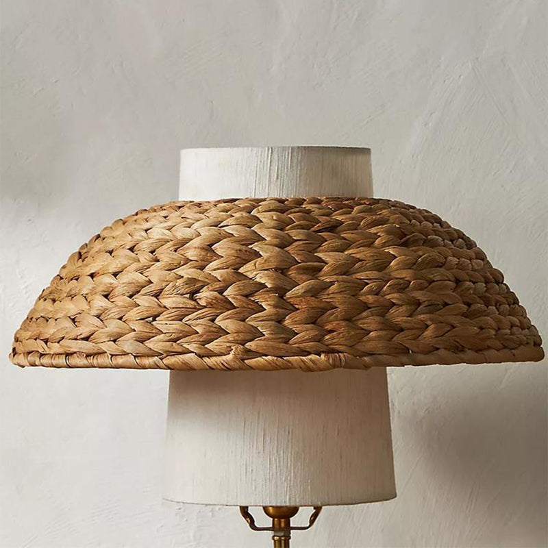 Traditional Vintage Round Solid Wood Fabric Rattan Weaving 1-Light Table Lamp For Bedroom