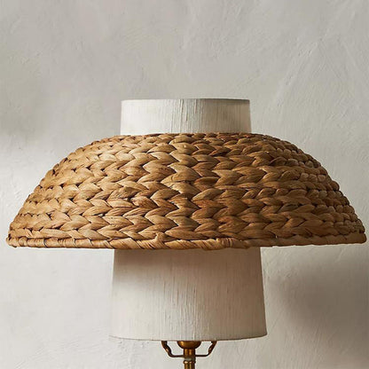 Traditional Vintage Round Solid Wood Fabric Rattan Weaving 1-Light Table Lamp For Bedroom