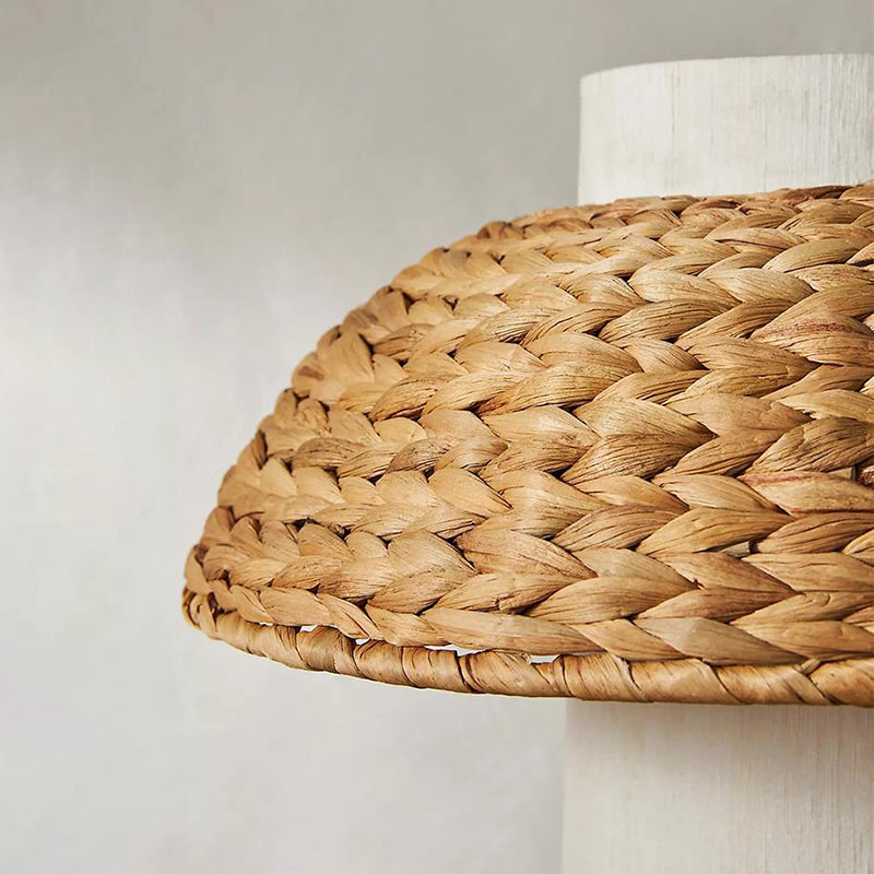 Traditional Vintage Round Solid Wood Fabric Rattan Weaving 1-Light Table Lamp For Bedroom