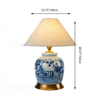 Traditional Chinese Vase-shaped Ceramic Hardware Fabric 1-Light Table Lamp For Bedroom