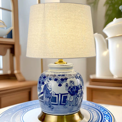Traditional Chinese Vase-shaped Ceramic Hardware Fabric 1-Light Table Lamp For Bedroom