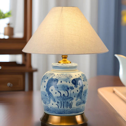 Traditional Chinese Vase-shaped Ceramic Hardware Fabric 1-Light Table Lamp For Bedroom