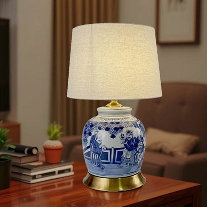 Traditional Chinese Vase-shaped Ceramic Hardware Fabric 1-Light Table Lamp For Bedroom