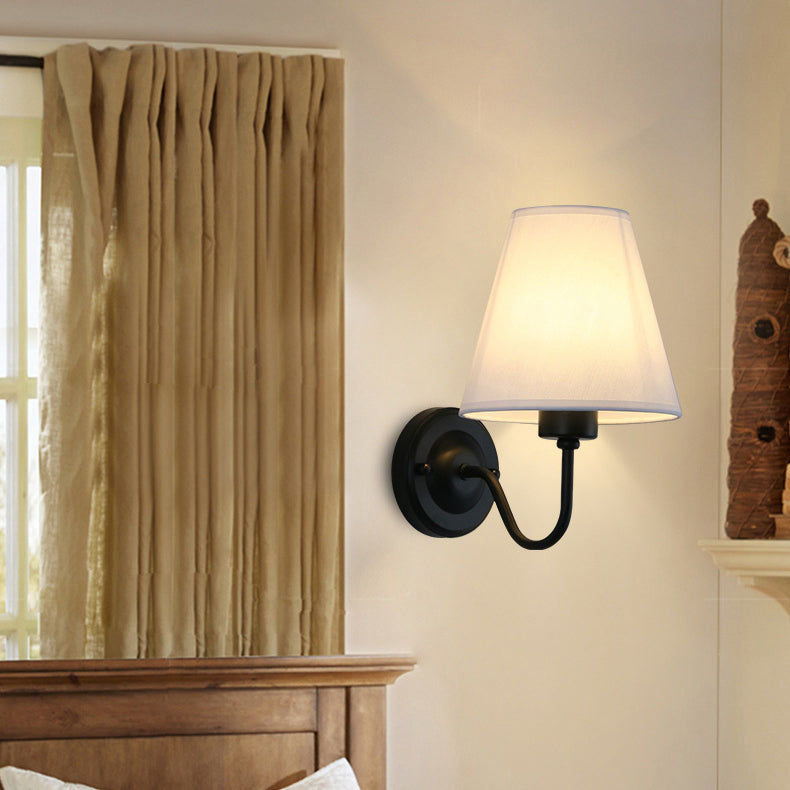 Traditional Vintage Dome Conical Iron Fabric 1-Light Wall Sconce Lamp For Bedroom
