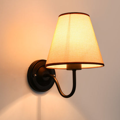 Traditional Vintage Dome Conical Iron Fabric 1-Light Wall Sconce Lamp For Bedroom