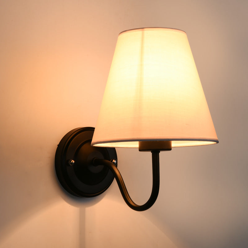Traditional Vintage Dome Conical Iron Fabric 1-Light Wall Sconce Lamp For Bedroom