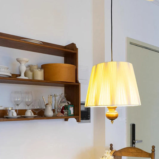 Traditional Vintage Cylindrical Solid Wood Iron Fabric 1-Light Pendant Light For Bedroom