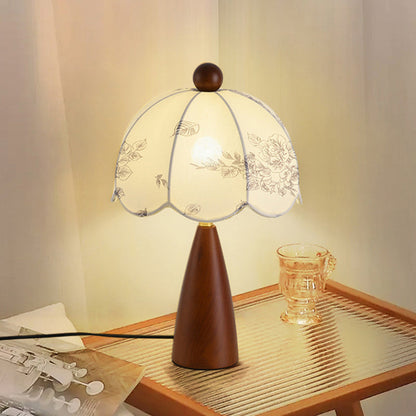 Traditional Vintage Flower-shaped Metal Wood Fabric 1-Light Table Lamp For Bedroom