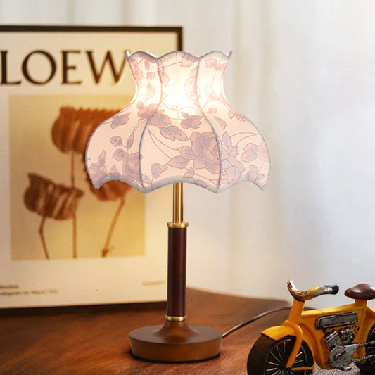 Traditional Vintage Flower-shaped Metal Wood Fabric 1-Light Table Lamp For Bedroom