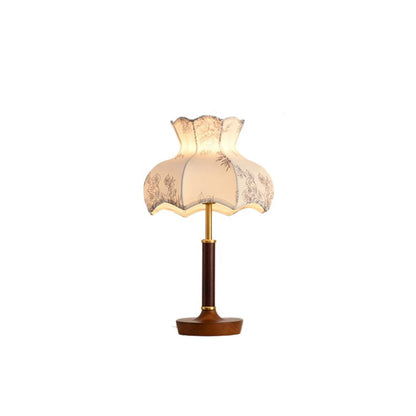 Traditional Vintage Flower-shaped Metal Wood Fabric 1-Light Table Lamp For Bedroom