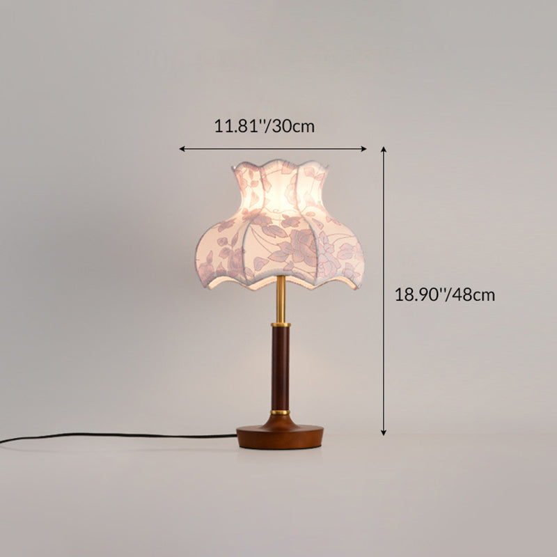 Traditional Vintage Flower-shaped Metal Wood Fabric 1-Light Table Lamp For Bedroom