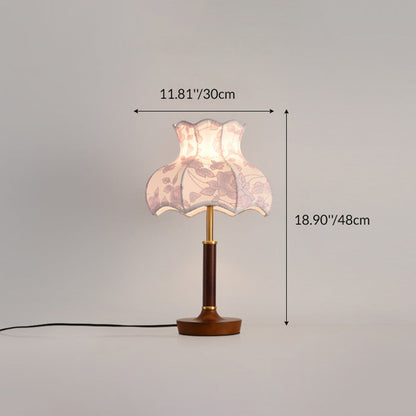 Traditional Vintage Flower-shaped Metal Wood Fabric 1-Light Table Lamp For Bedroom