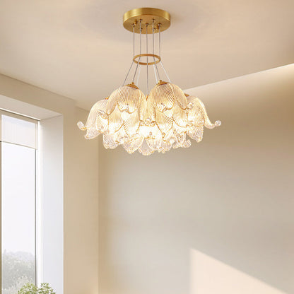 Traditional Luxury Multi-Flower Brass Glass 7-Light Chandelier For Bedroom