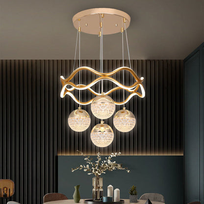 Traditional French Spherical Wavy Line Iron Silicone Aluminum Acrylic LED Chandeliers For Dining Room