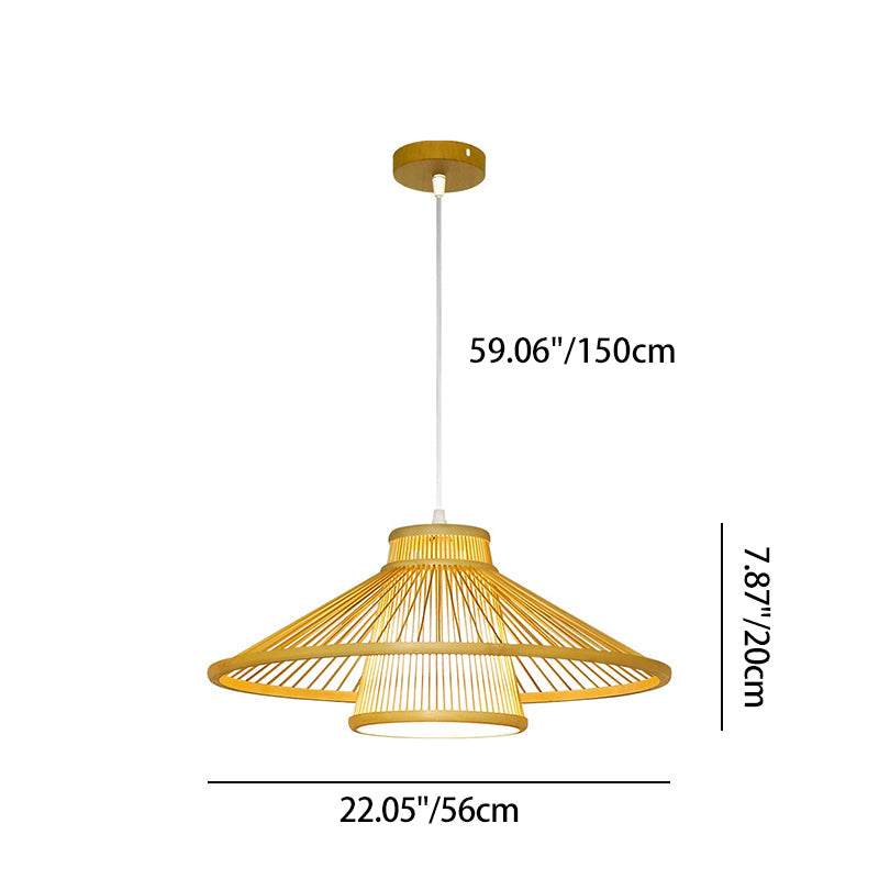 Traditional Japanese Conical Cylindrical Iron Bamboo Weaving 1-Light Pendant Light For Dining Room