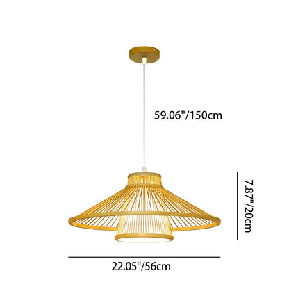 Traditional Japanese Conical Cylindrical Iron Bamboo Weaving 1-Light Pendant Light For Dining Room