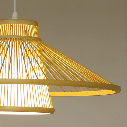 Traditional Japanese Conical Cylindrical Iron Bamboo Weaving 1-Light Pendant Light For Dining Room