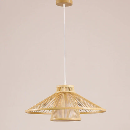 Traditional Japanese Conical Cylindrical Iron Bamboo Weaving 1-Light Pendant Light For Dining Room