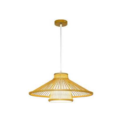Traditional Japanese Conical Cylindrical Iron Bamboo Weaving 1-Light Pendant Light For Dining Room