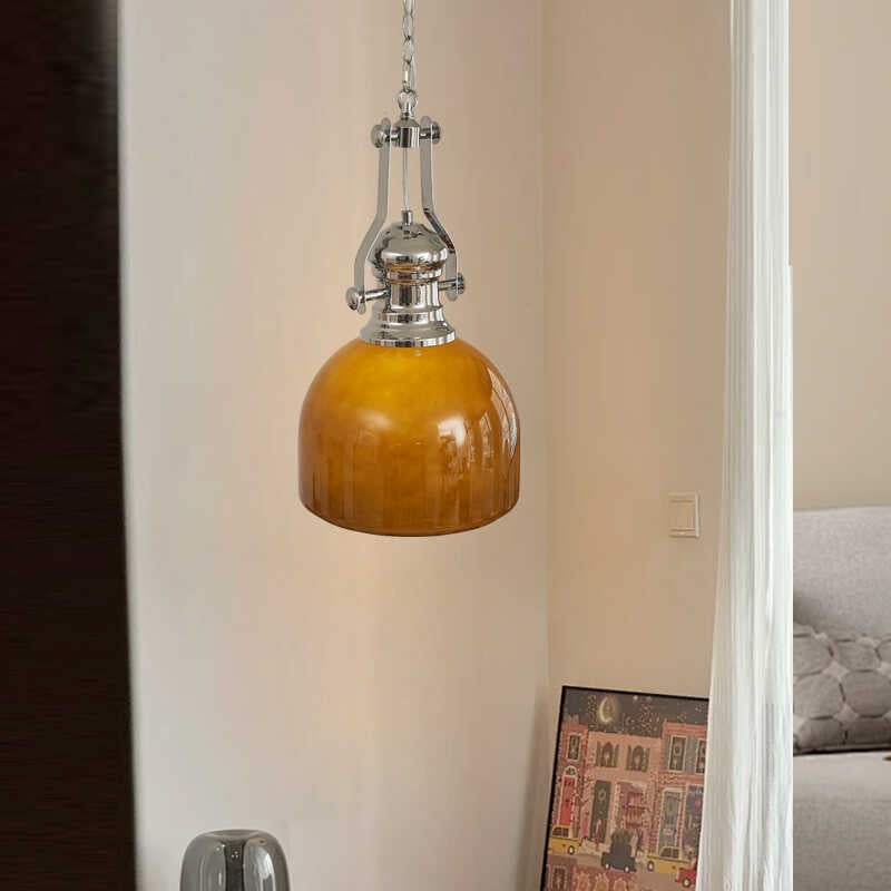 Traditional Vintage Round Iron Glass 1-Light Pendant Light For Bedroom