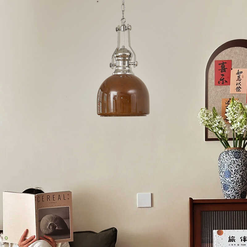 Traditional Vintage Round Iron Glass 1-Light Pendant Light For Bedroom