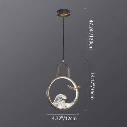 Traditional Chinese Round Hollow Wave Pattern Copper Resin LED Pendant Light For Bedroom