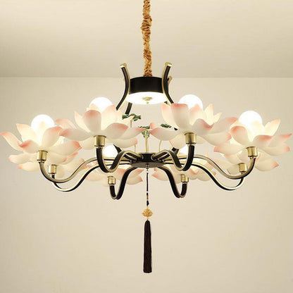Traditional Chinese Multi-Head Lotus Iron Resin Ceramic 1/3/6/8/12-Light Chandelier For Bedroom