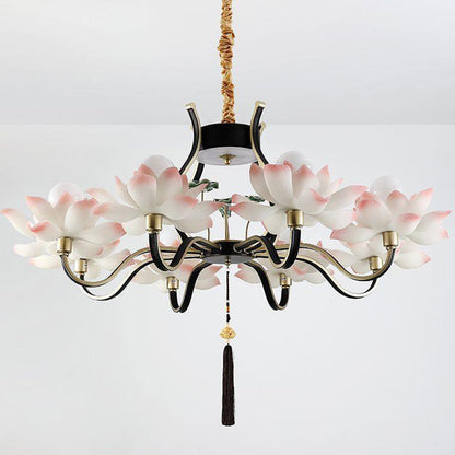 Traditional Chinese Multi-Head Lotus Iron Resin Ceramic 1/3/6/8/12-Light Chandelier For Bedroom