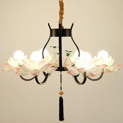 Traditional Chinese Multi-Head Lotus Iron Resin Ceramic 1/3/6/8/12-Light Chandelier For Bedroom