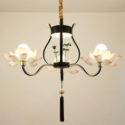 Traditional Chinese Multi-Head Lotus Iron Resin Ceramic 1/3/6/8/12-Light Chandelier For Bedroom