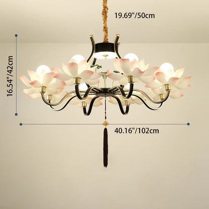 Traditional Chinese Multi-Head Lotus Iron Resin Ceramic 1/3/6/8/12-Light Chandelier For Bedroom