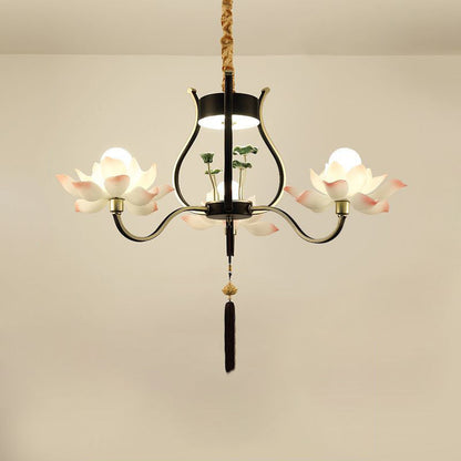 Traditional Chinese Multi-Head Lotus Iron Resin Ceramic 1/3/6/8/12-Light Chandelier For Bedroom