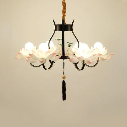 Traditional Chinese Multi-Head Lotus Iron Resin Ceramic 1/3/6/8/12-Light Chandelier For Bedroom