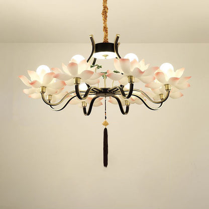 Traditional Chinese Multi-Head Lotus Iron Resin Ceramic 1/3/6/8/12-Light Chandelier For Bedroom