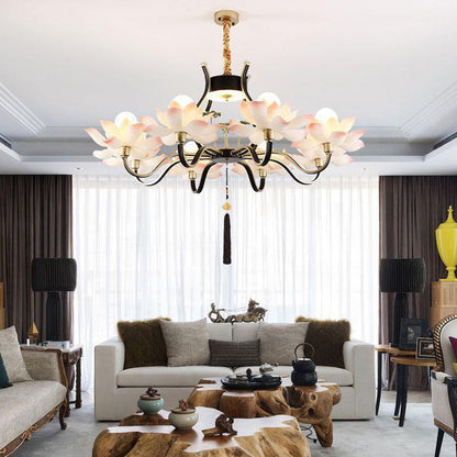 Traditional Chinese Multi-Head Lotus Iron Resin Ceramic 1/3/6/8/12-Light Chandelier For Bedroom