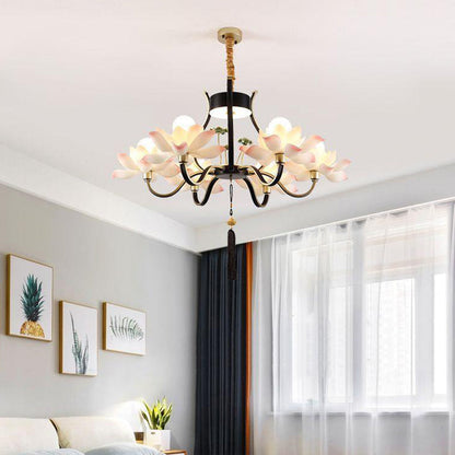Traditional Chinese Multi-Head Lotus Iron Resin Ceramic 1/3/6/8/12-Light Chandelier For Bedroom