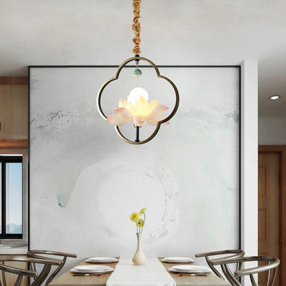 Traditional Chinese Multi-Head Lotus Iron Resin Ceramic 1/3/6/8/12-Light Chandelier For Bedroom