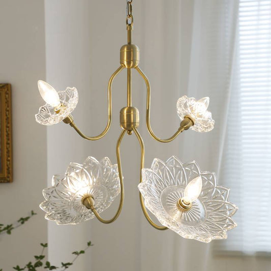Traditional Vintage Floral Brass Glass 4/6-Light Chandelier For Bedroom