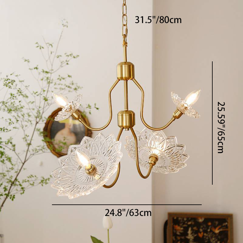 Traditional Vintage Floral Brass Glass 4/6-Light Chandelier For Bedroom