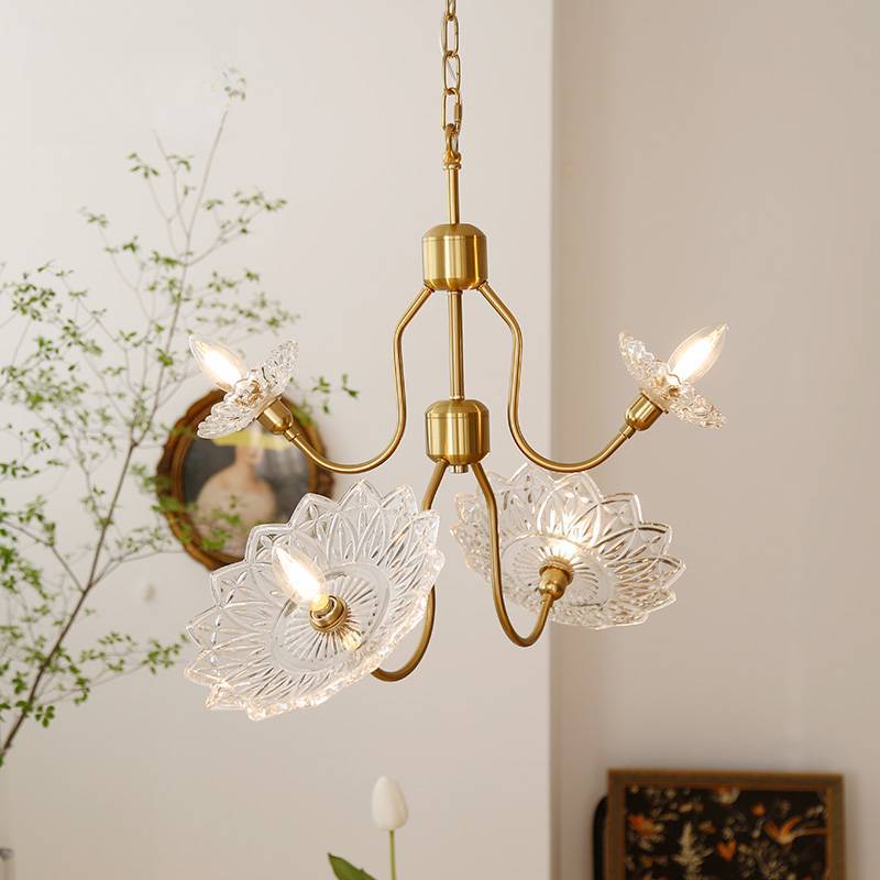 Traditional Vintage Floral Brass Glass 4/6-Light Chandelier For Bedroom