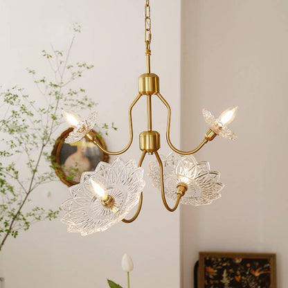 Traditional Vintage Floral Brass Glass 4/6-Light Chandelier For Bedroom