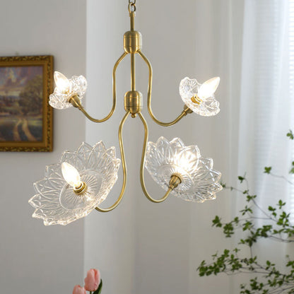 Traditional Vintage Floral Brass Glass 4/6-Light Chandelier For Bedroom